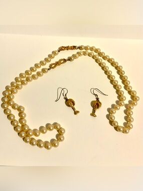 Classic Pearl Strand Necklace with Gold-Tone Clasp and Gold Drop Earrings